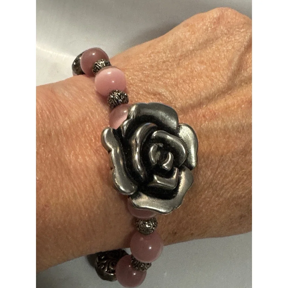 Stretch Silver Tone and Pink Beaded Bracelet Rose Fairy Boho‎ Cottage Feminine
